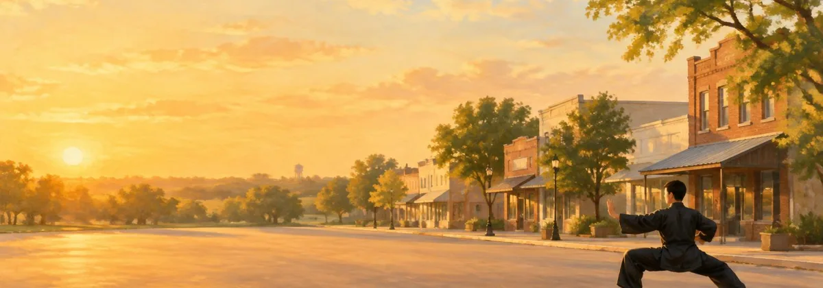 Peaceful painted town scene inspired by Royse City, Texas