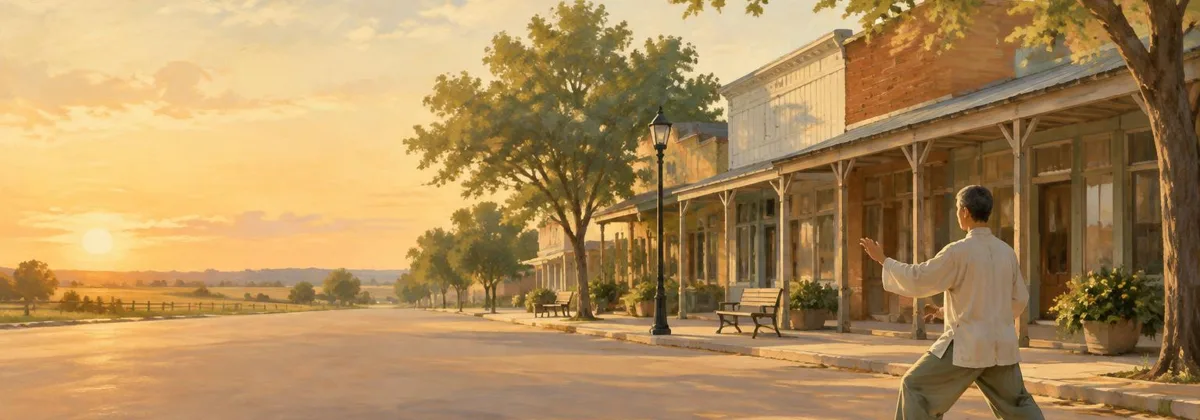 Peaceful painted town scene inspired by Forney, Texas